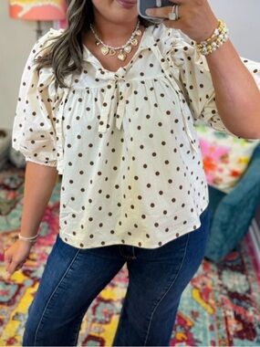 Cream Polka Dot Tie-Neck Puff Sleeve Blouse